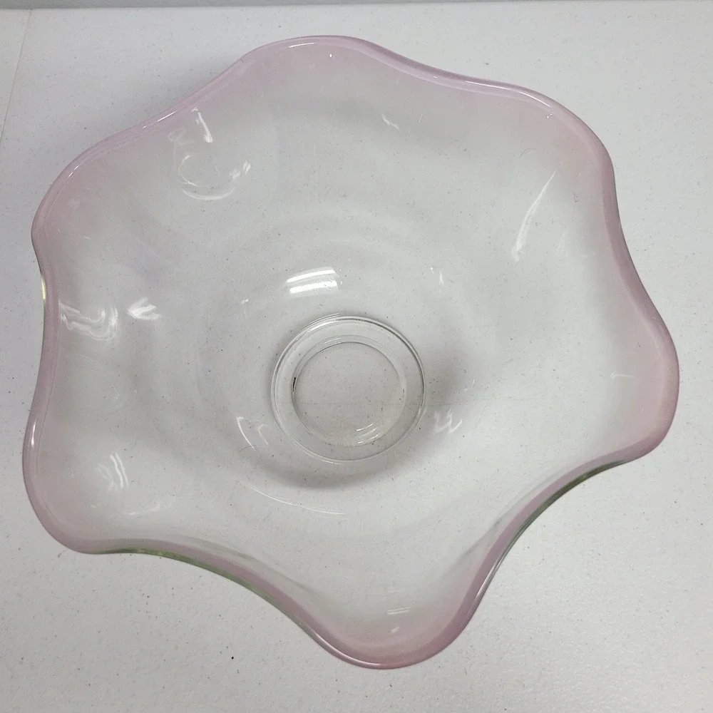 Vintage Hand Blown Clear Glass Ruffle Bowl with Pink Rim Edge 10 Inch
